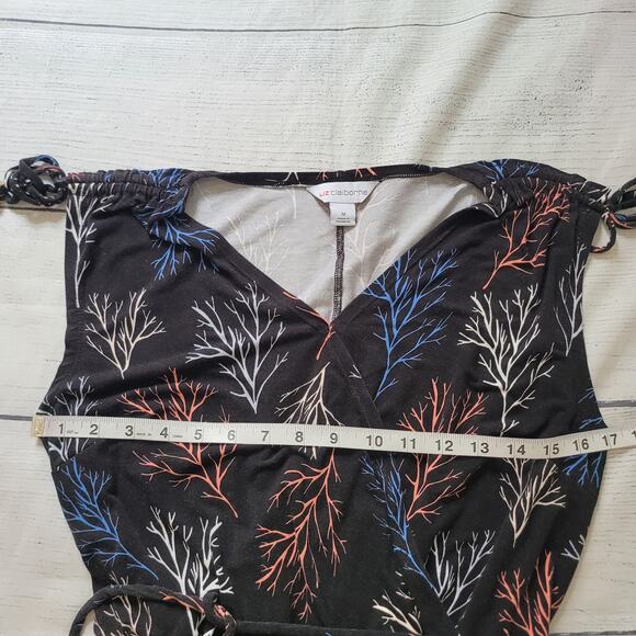 Liz Claiborne Size M Black Dress Branch Print Cap Sleeve Faux Wrap Waist - Picture 5 of 9